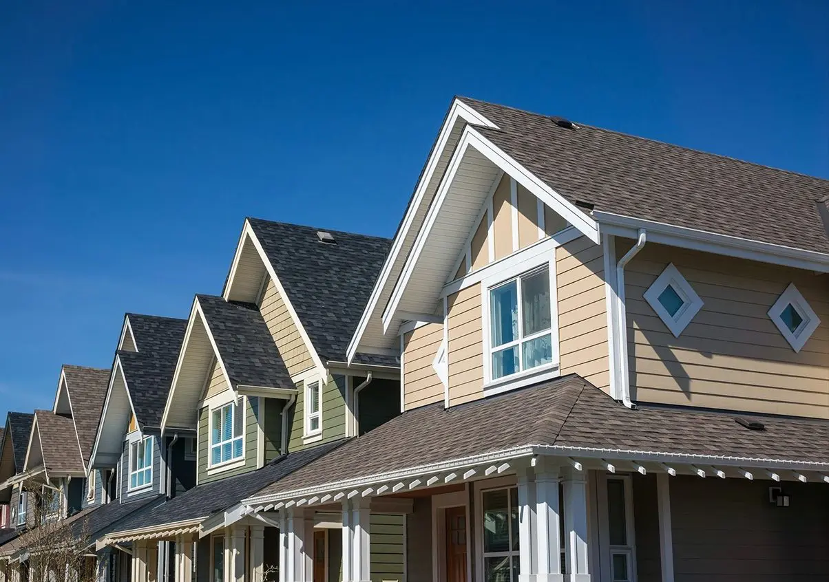 A row of houses with a blue sky in the background.