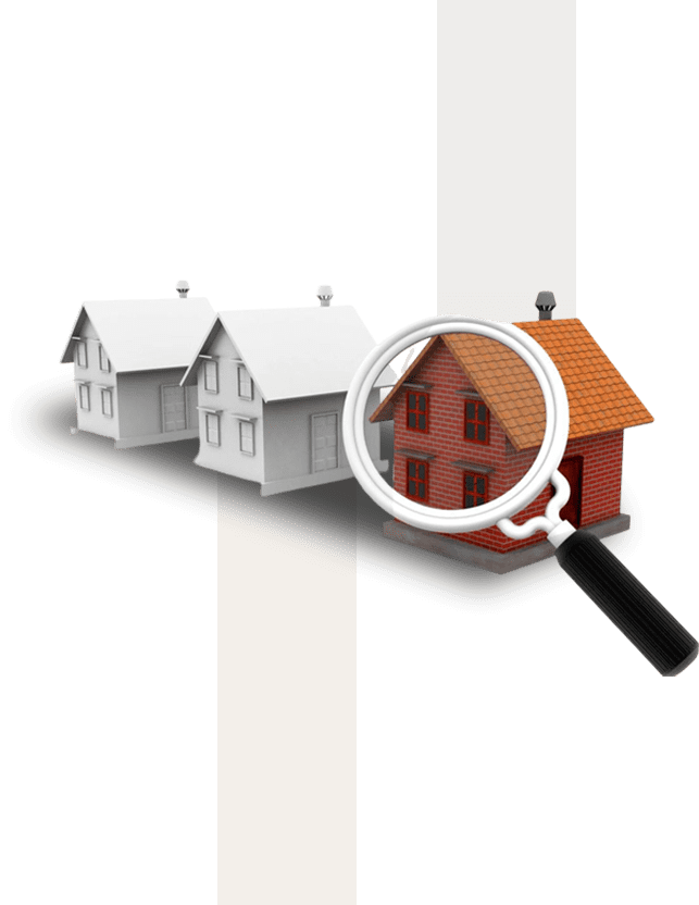 A magnifying glass over three houses on a tray.